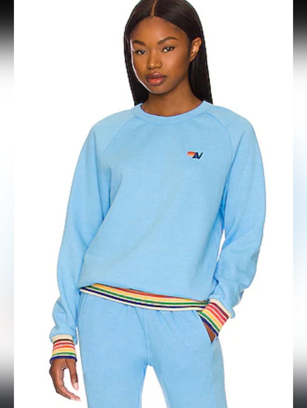 Aviator Nation Light Blue Crewneck with Rainbow Trim size XL